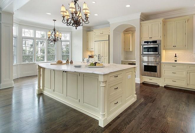 newly installed grey laminate floors in modern kitchen in South Pasadena